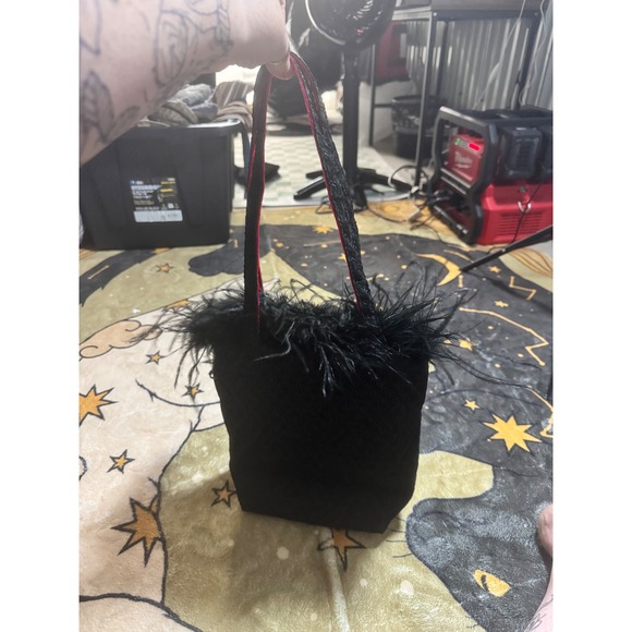 Black Feather Trim Mini Top Handle Bag Evening Party Purse 10x10 - Picture 1 of 4